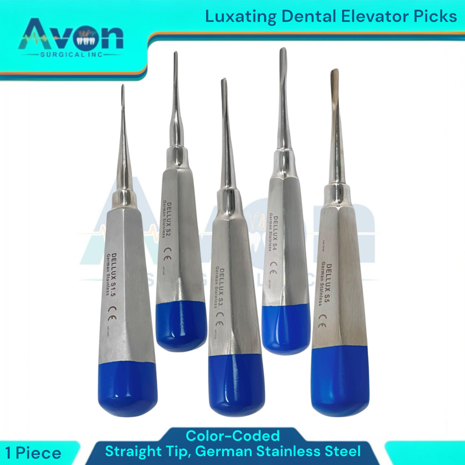 Apical Root Elevator Pick, Blue Handle, Straight Tipped – German Stainless – 1ea