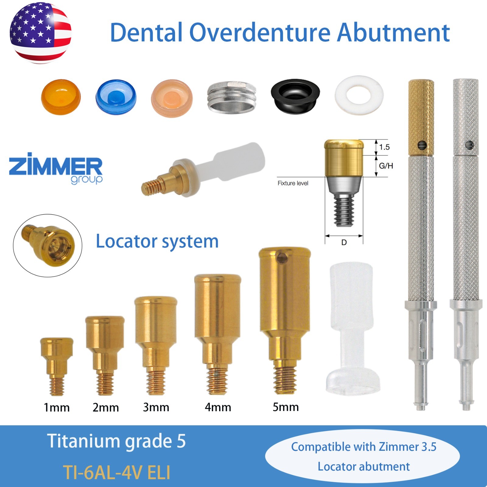 Dental Zimmer Tapered Screw-Vent Locator Abutments TSV Ø3.5/4.5mm Retention Caps