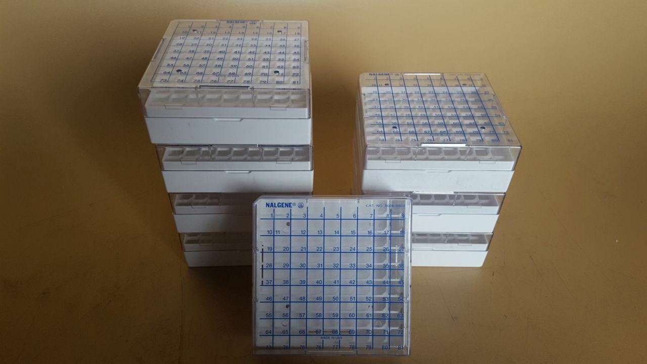 USED (8) Nalgene Cryogenic Containers, 5-1/4 x 5-1/4 x 2 inches, holds 81 tubes