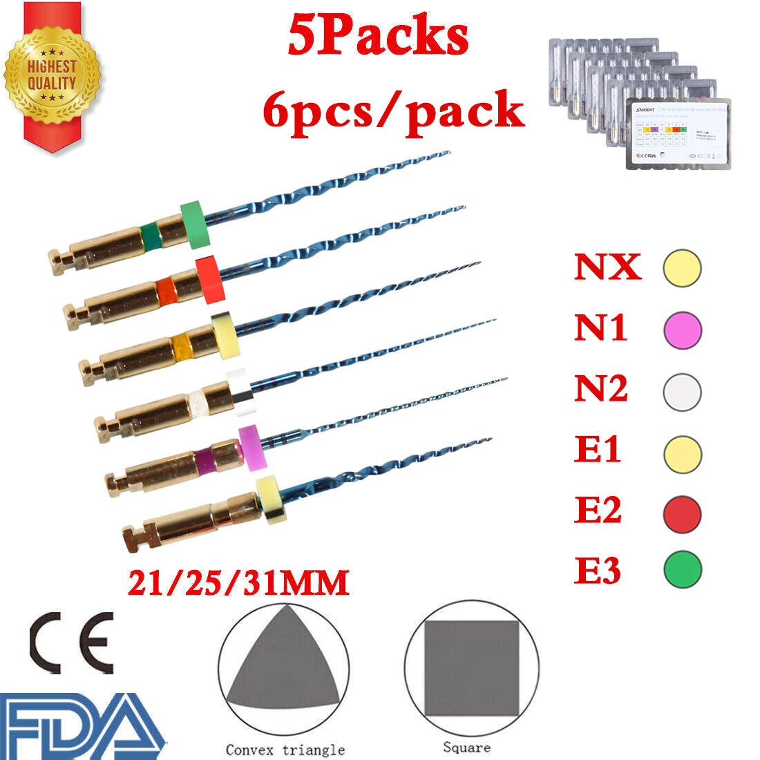 6pc/Pack Dental Endo Rotary Files NX-E3 NITI Root Canal Safe Files 21/25/31MM