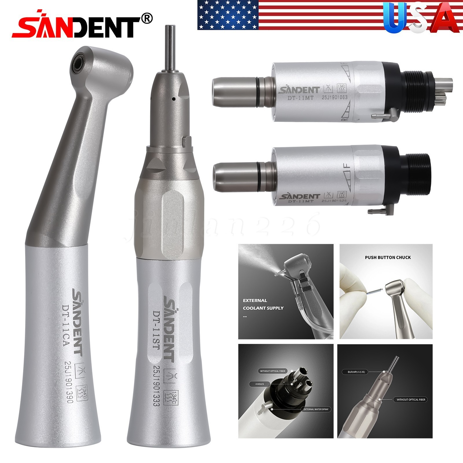 SANDENT Dental Slow Low Speed Handpiece Straight Contra Angle Air Motor 4/2Holes