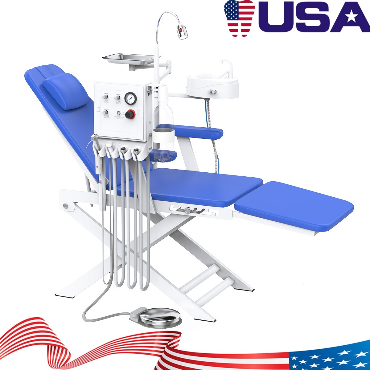 Dental Silla LED recargable portátil plegable+Unidad de turbina+Jeringa de 3 vía