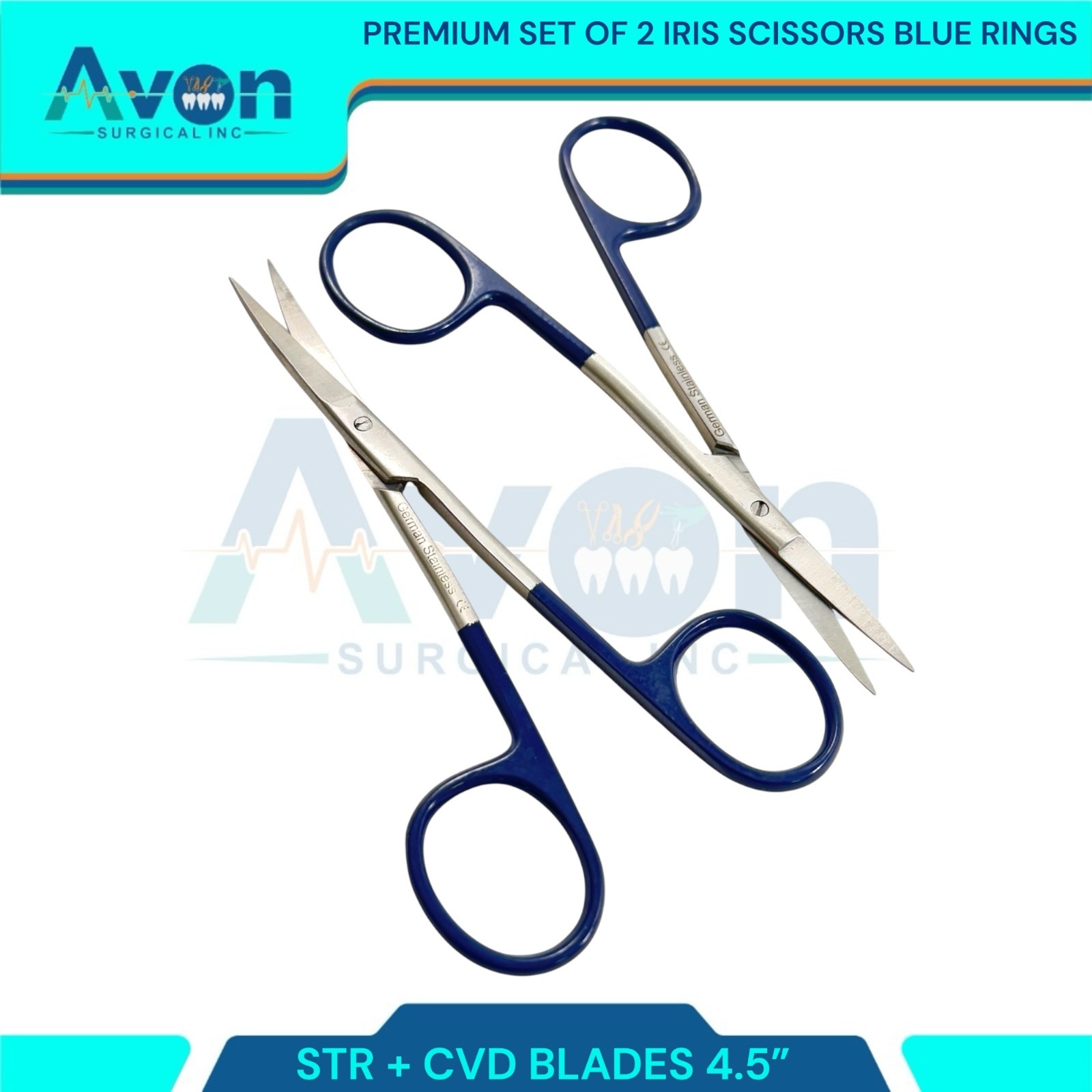 2pcs Premium Dissecting Iris Scissors with Sharp Points, Curved+Straight – 4.5in