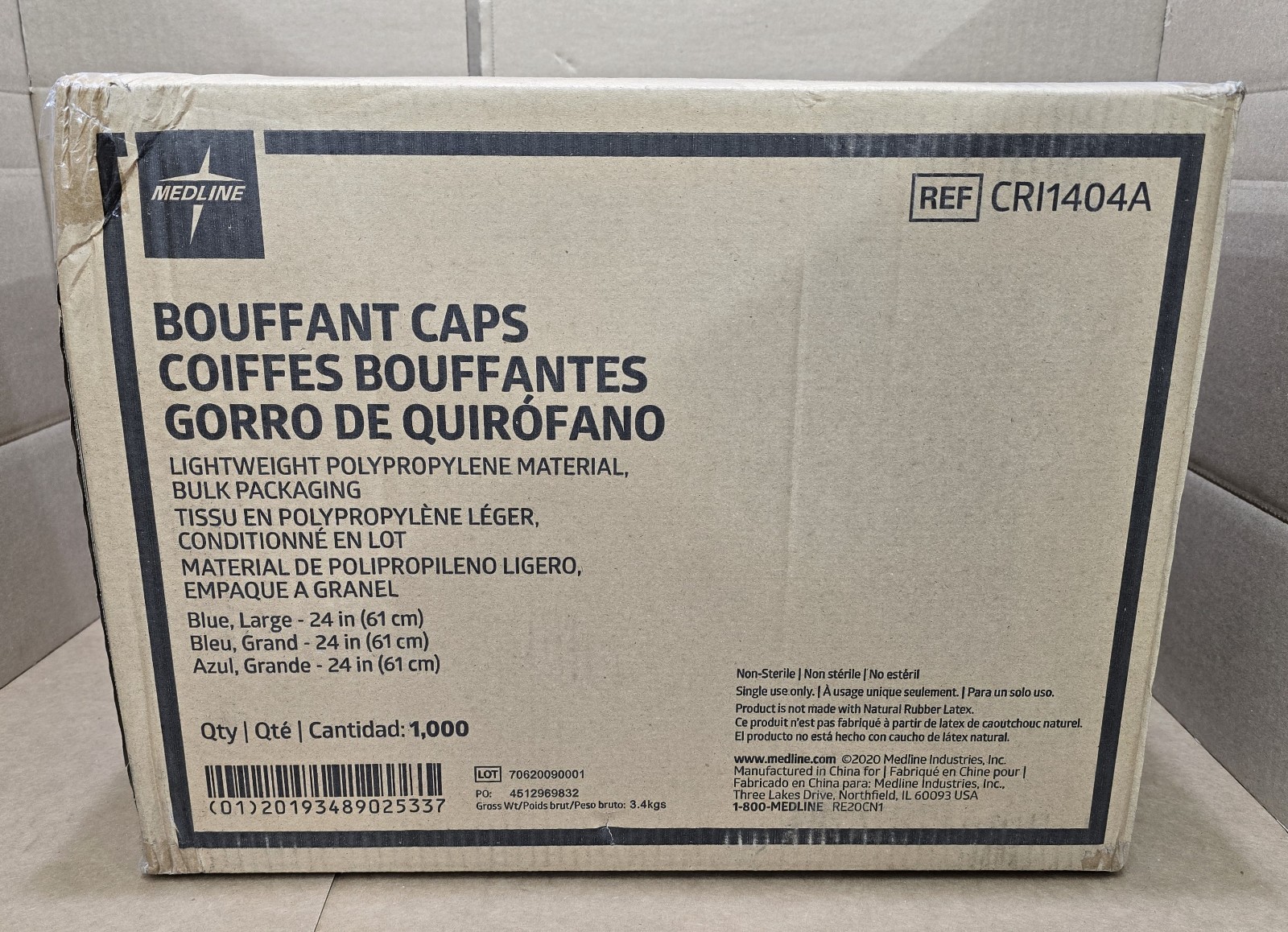 1 NEW SEALED Case of 1,000 Medline 24″ Blue Disposable Bouffant Caps CRI1404A