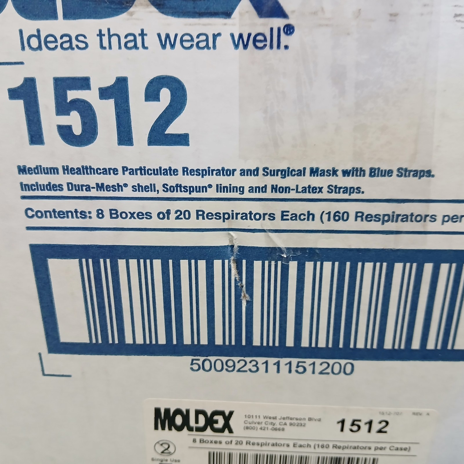 Moldex N95 Respirator surgical Masks Case of 160 # 1512 Medium Exp. Date 03/2026