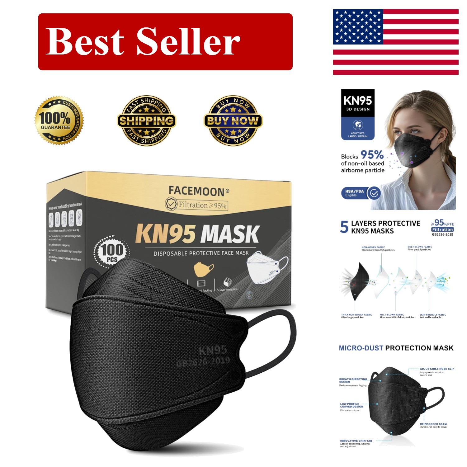 KN95 Face Mask Disposable Adults – 100 Pack 5 1 Count (Pack of 100), Black