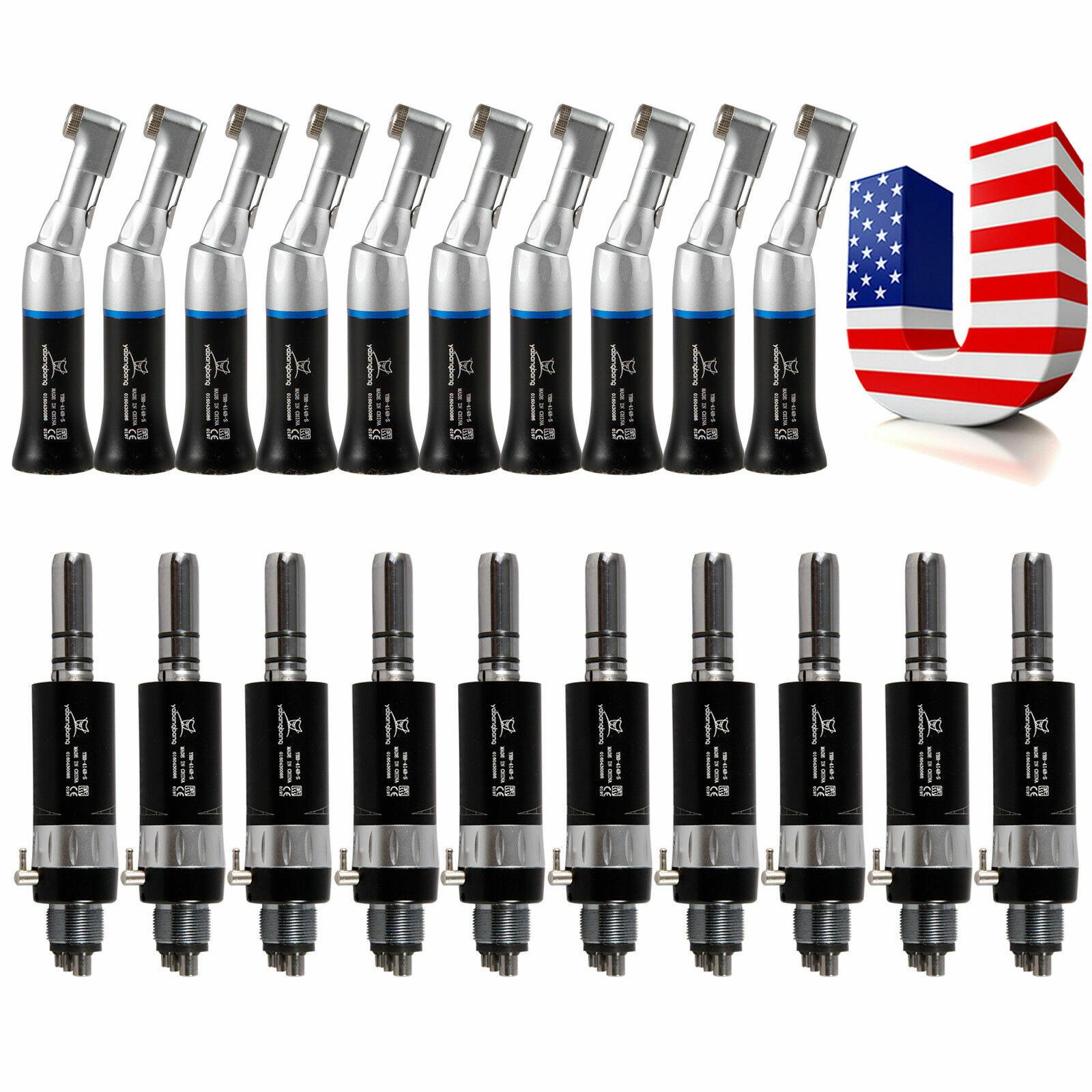 10 Sets Dental Air Motor 4Hole E-type + Low Speed Contra Angle Black fit 2.35mm
