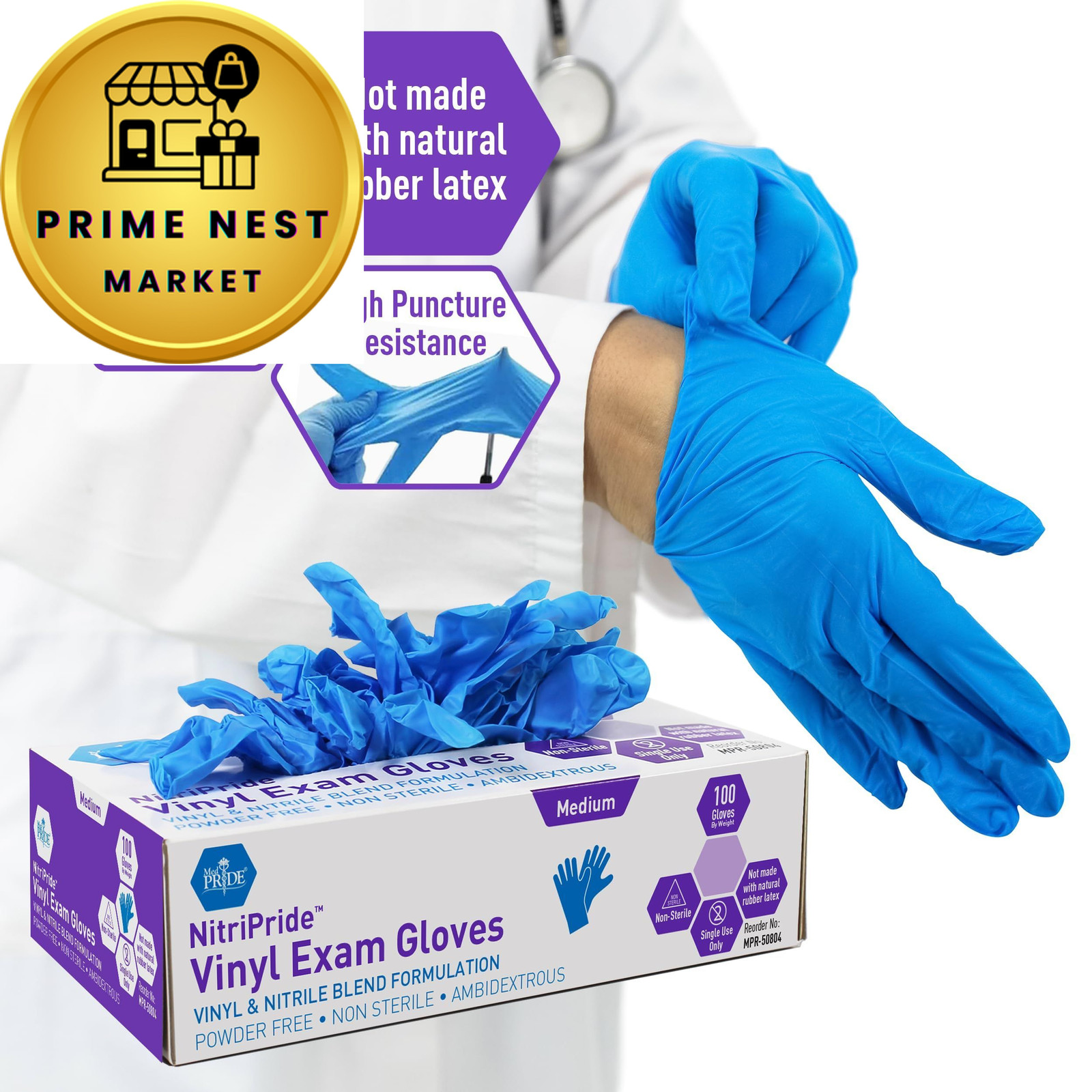 MED PRIDE Nitrile/Vinyl Blend Exam Gloves, Powder-Free, Medium, Blue
