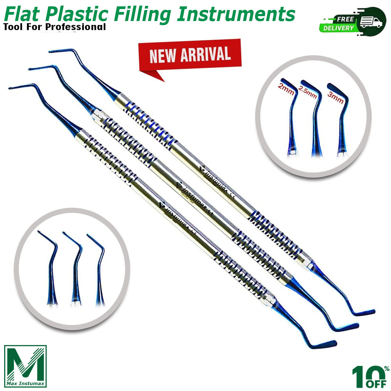Dental Flat Plastic Composite Filling Instruments Titanium Coated Tips Set of 3
