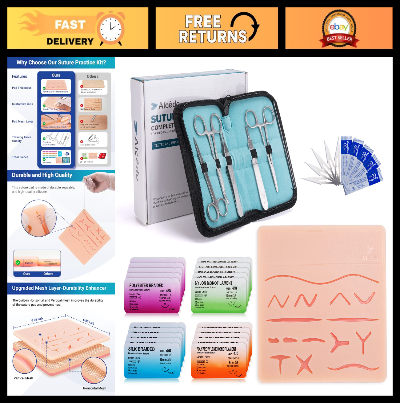 Suture Practice Kit for Medical Students – 32 Piece Set with Extra Large Pad & T