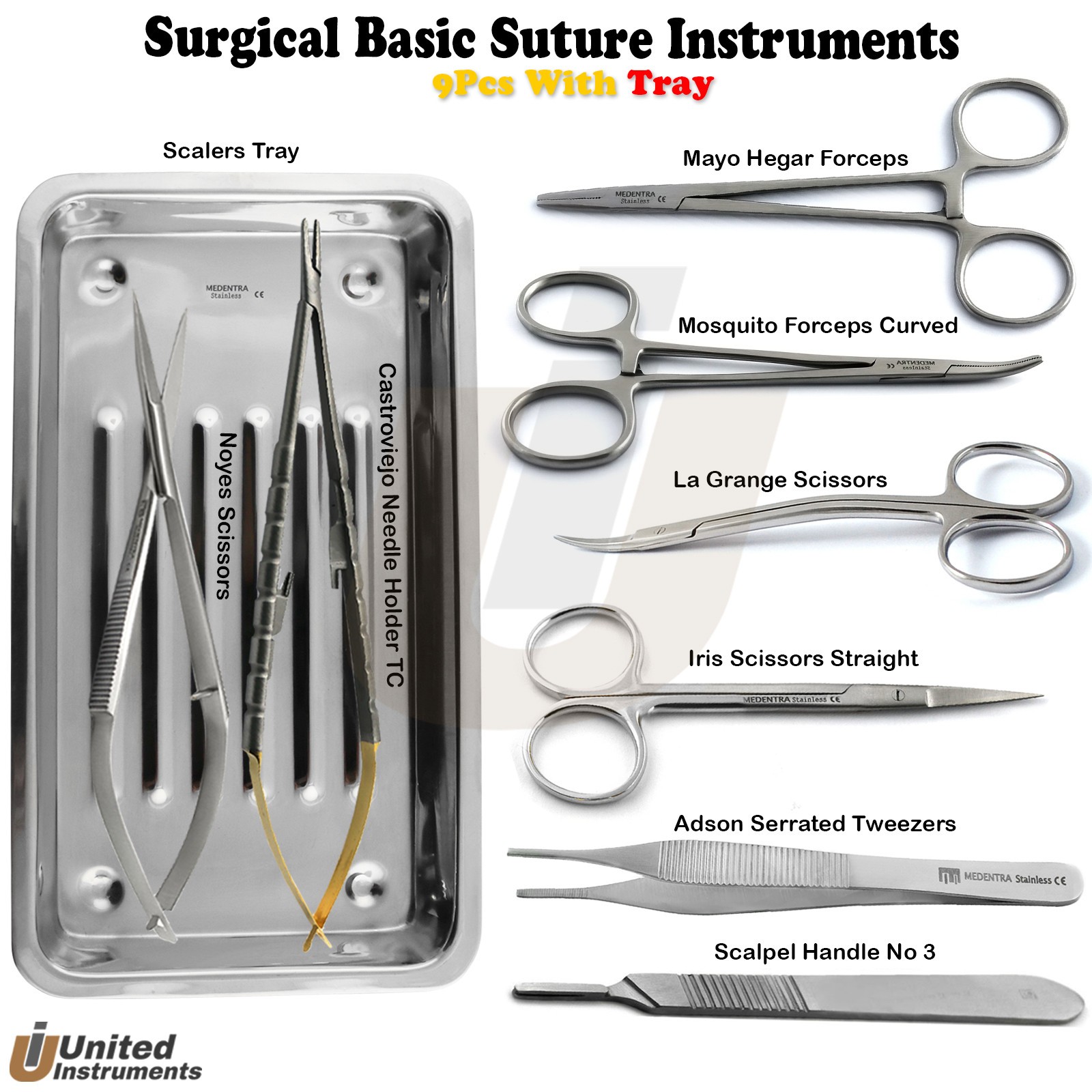9Pcs Surgical Basic Suture Instruments Kit Tray Hemostatic Dissecting Suturing