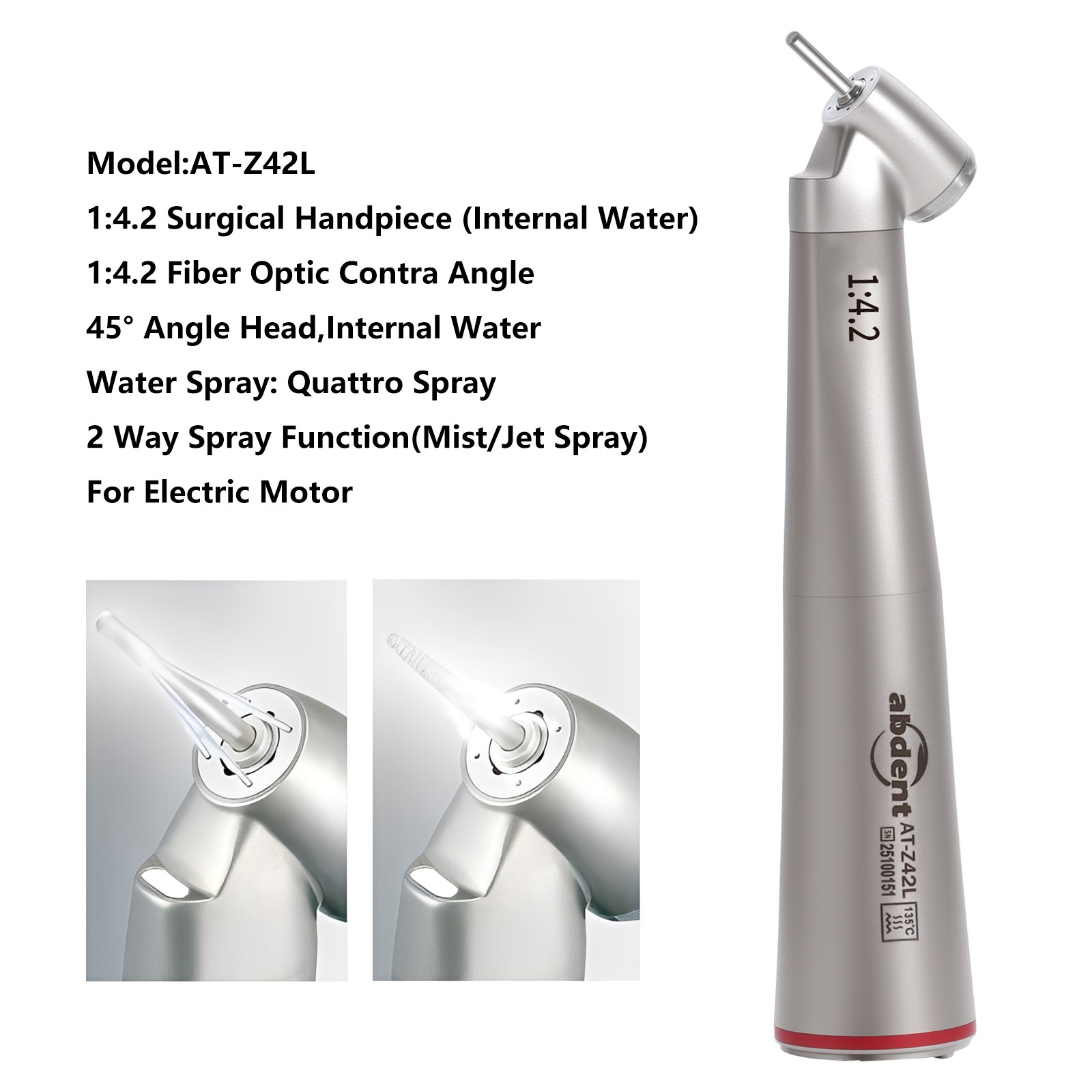 abdent 45° Electric Contra Angle LED Optic 1:4.2 Handpiece Ceramic Ball Bearing