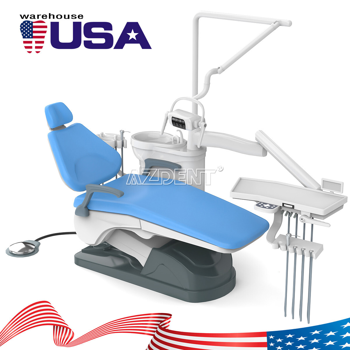 FDA Dental Unit Chair Computer Controlled DC Motor PU Hard Leather Sky Blue