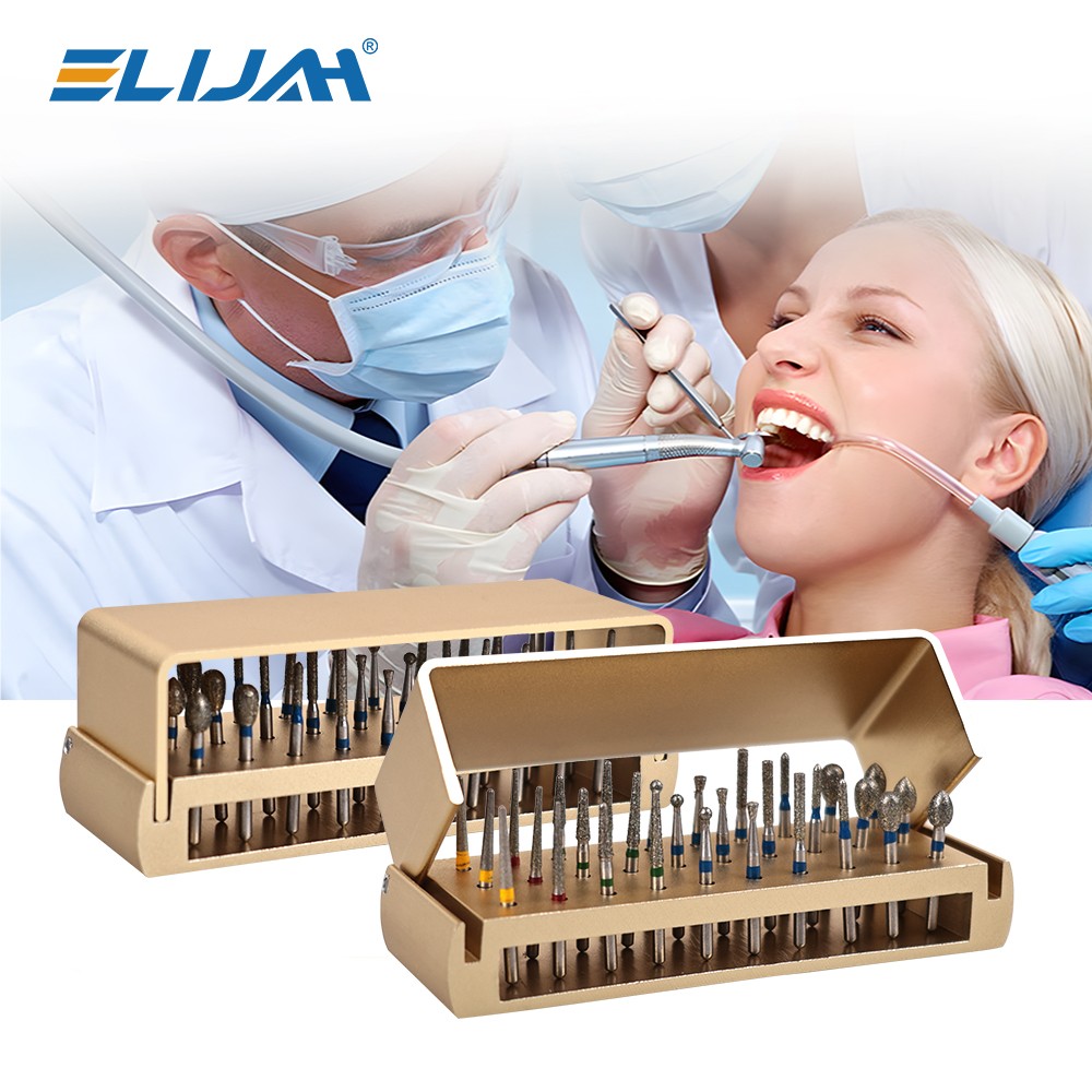 IN US-30Pcs Dental Diamond Burs Drill+Disinfection Bur Block HighSpeed Handpiece
