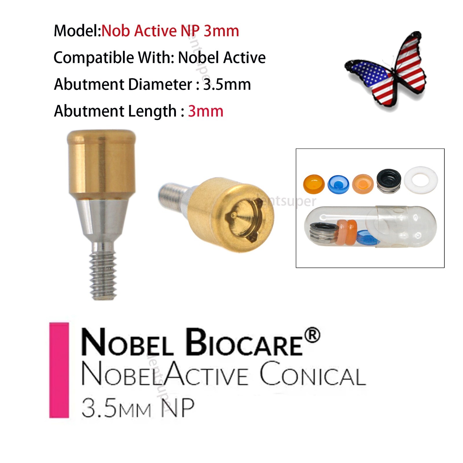 US Nobel Biocare NP-NA353 Abutment Set – 5 Grade Titanium, PEEK, Retention Caps