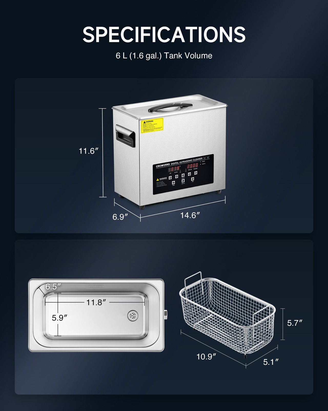 CREWORKS 6L Ultrasonic Cleaner Stainless Steel Industry Heated Heater w/Timer