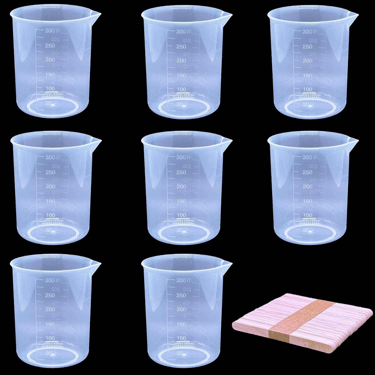 9 PCS 300ml/10.1oz Plastic Graduated Beaker Clear Cup 50 PCS Mixing Sticks