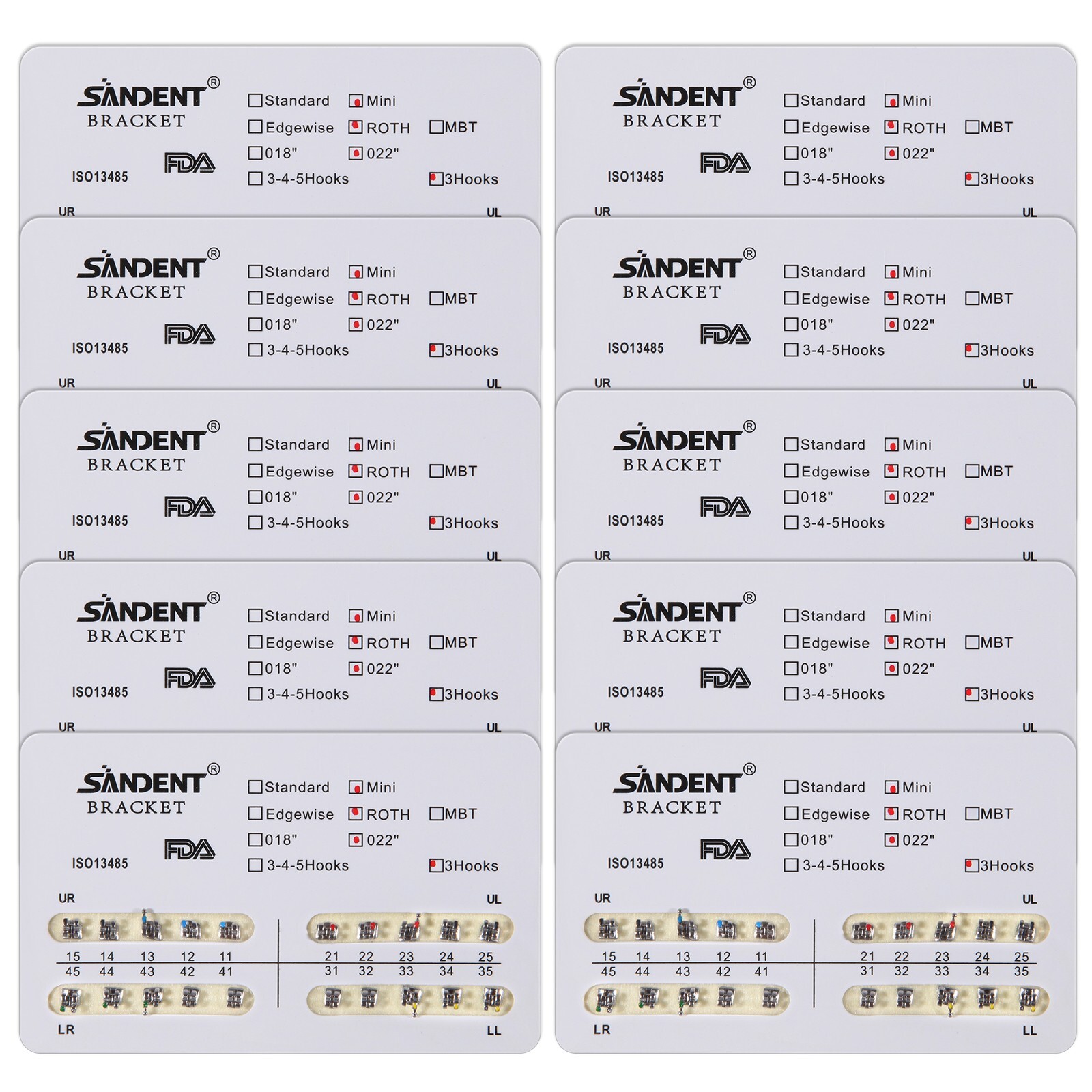 10 Packs SANDENT Dental Orthodontics Brackets Braces Mini Roth 022″Slot 3 Hooks