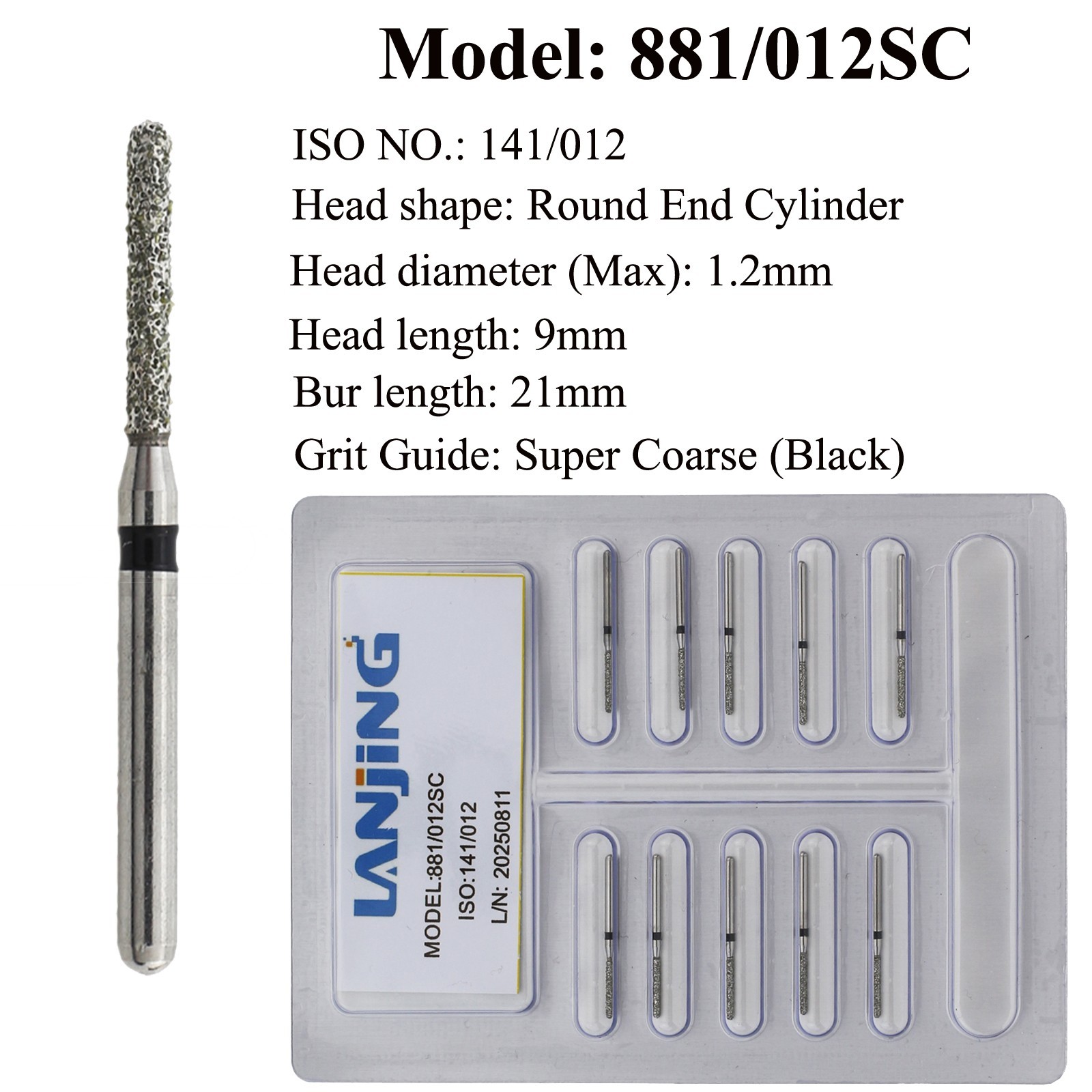 Dental Round End Cylinder Diamond Burs Super Coarse FG 881 Bur High Speed Black