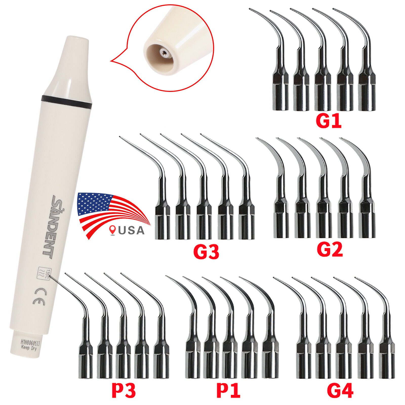 Dental Ultrasonic Piezo Scaler Handpiece / 5*Tips fit EMS Cavitron Woodpecker ST