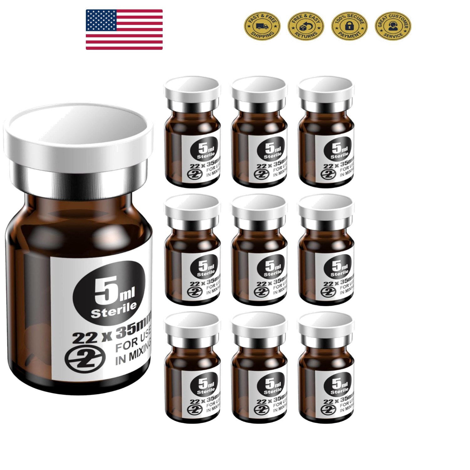 Self Healing 5ml Amber Injection Vials – Sterile Pack of 10 for Pharmaceuticals