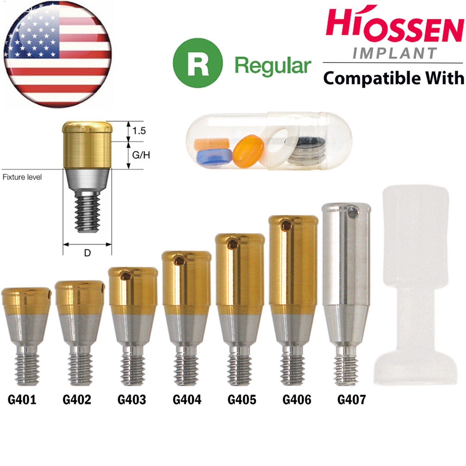 US Fits Hiossen Osstem Overdenture Locator Abutment Regular Mini & Male Caps Kit
