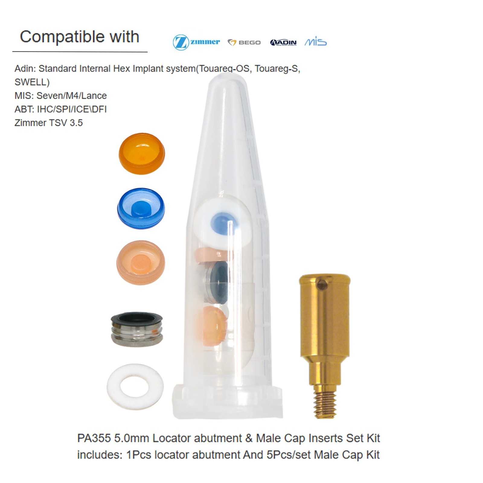 US Zimmer Adin Mis Bego Overdenture locator Abutments &Male Caps Tools For 1-5mm