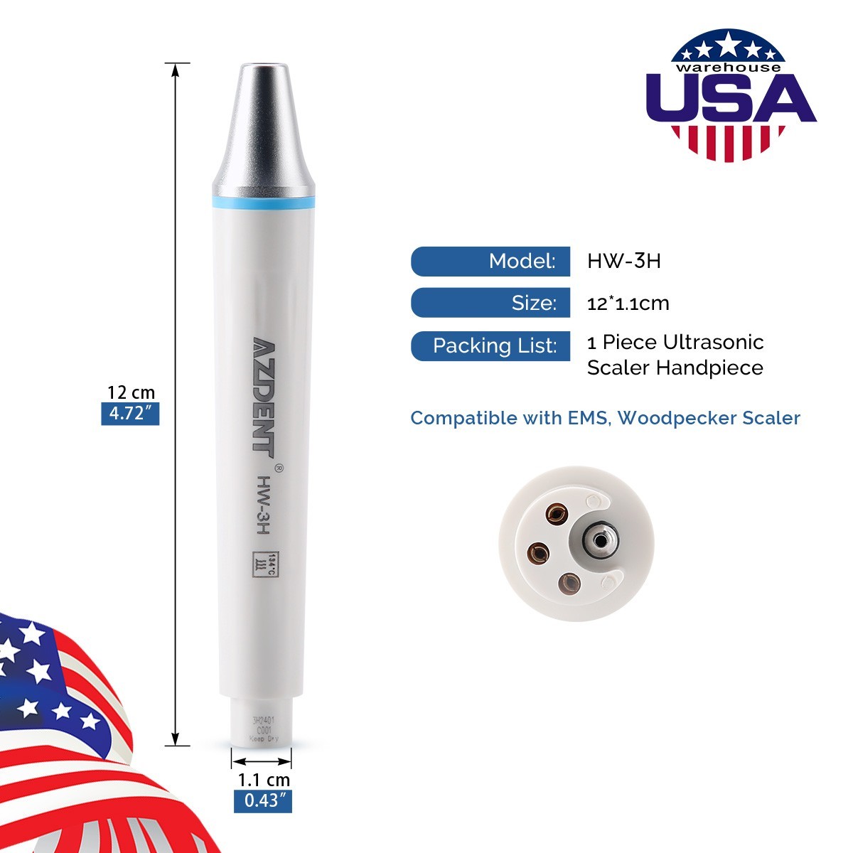 Dental HW-3H Ultrasonic Scaler Handpiece fit WOODPECKER EMS VRN Piezo Scaler