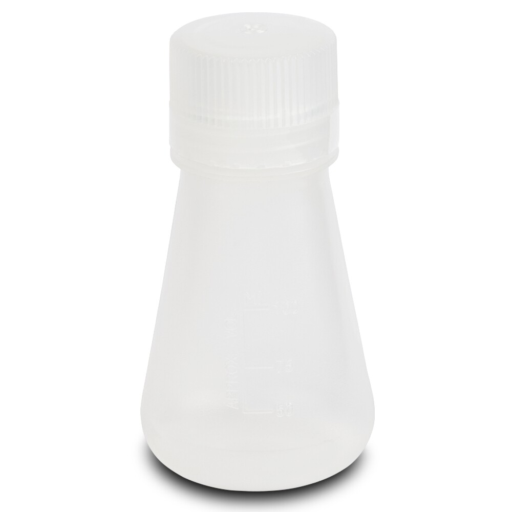 Plastic Flask with Screw Cap, Conical, 100ml, PP, Molded Graduations (Case 48)