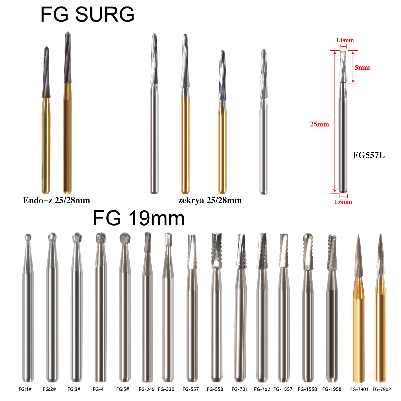 Dental Surgical/Regular 25mm/19mm Carbide Burs Friction Grip FG Pear Round Drill