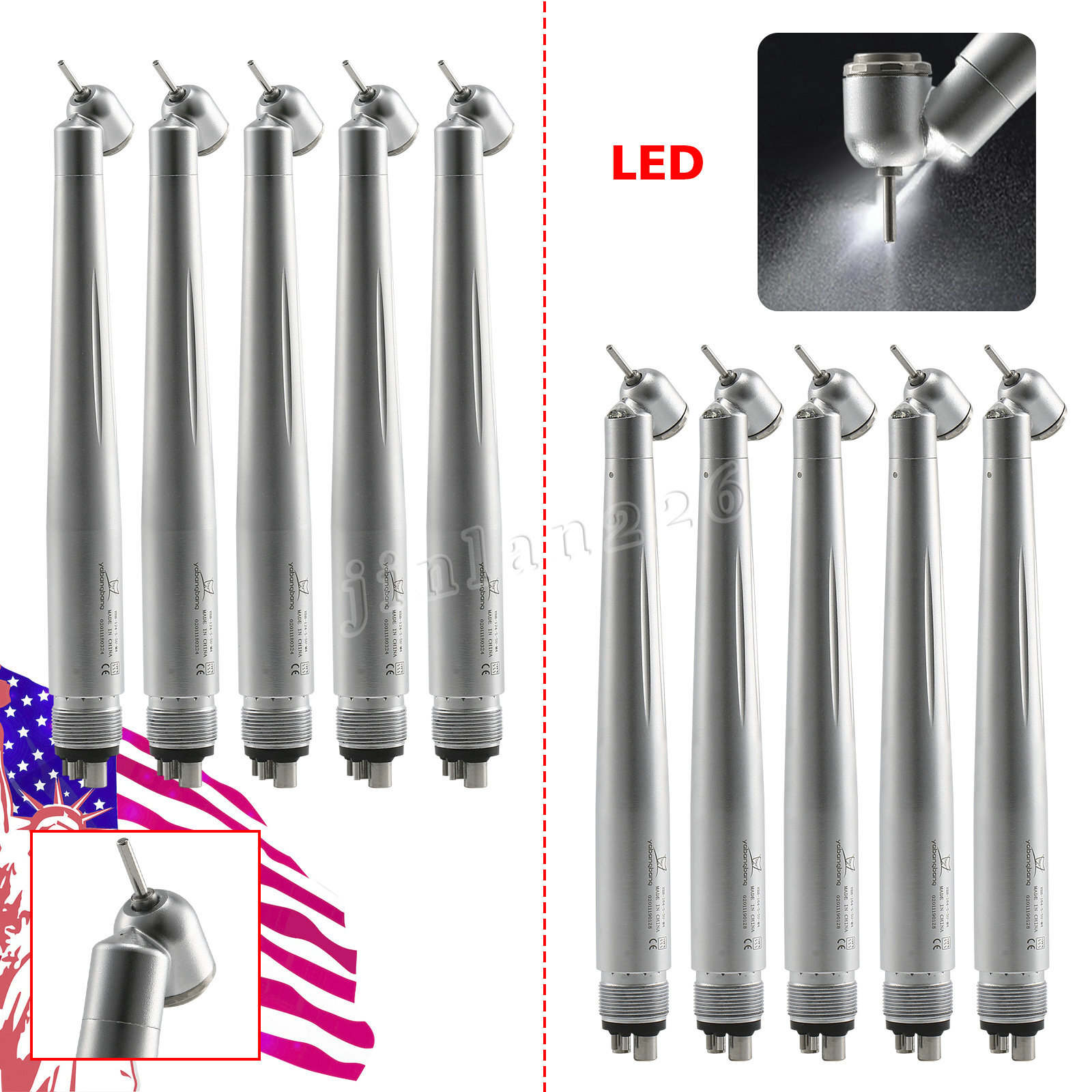 FDA Dental 45 Degree LED Handpiece High Speed Push Air Turbine NSK Style 4 Hole