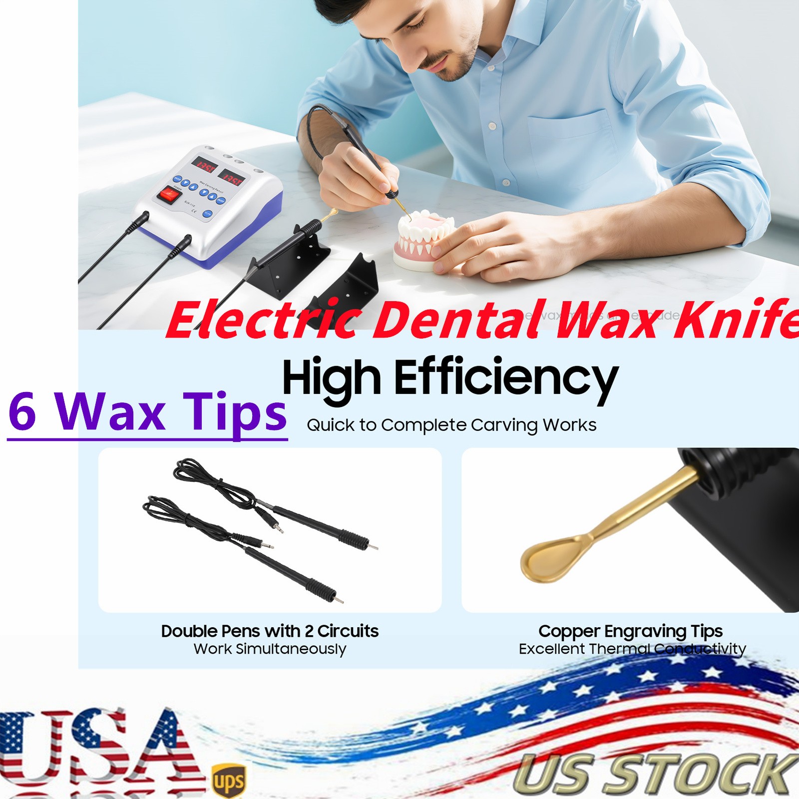 Dental Lab Electric Waxer Wax Blade Carving Pencil Carver Pen Pot w/ 6 Tips Pro