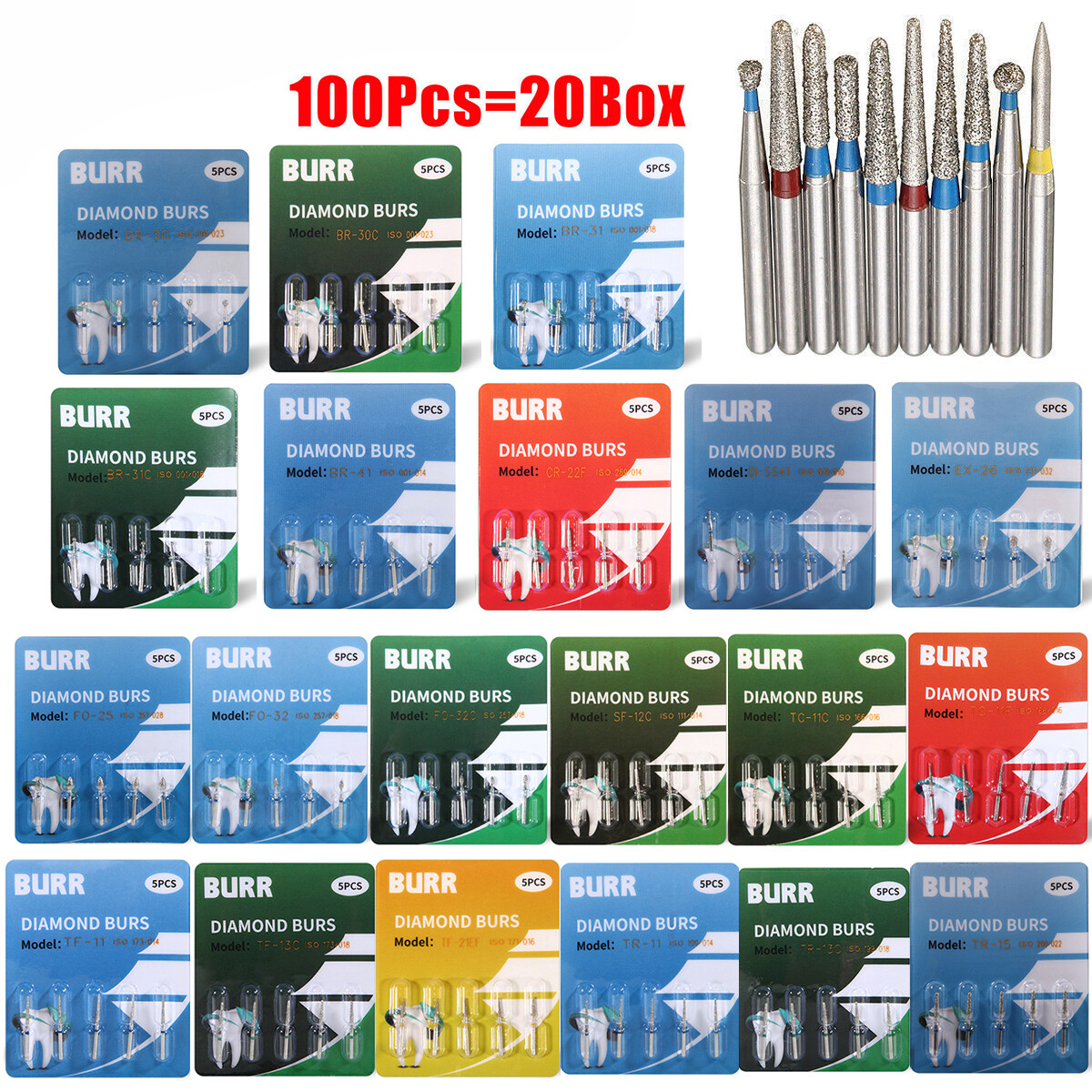 100 PCS Dental Diamond Burs Medium FG1.6mm for High Fast Speed Handpiece US-OR