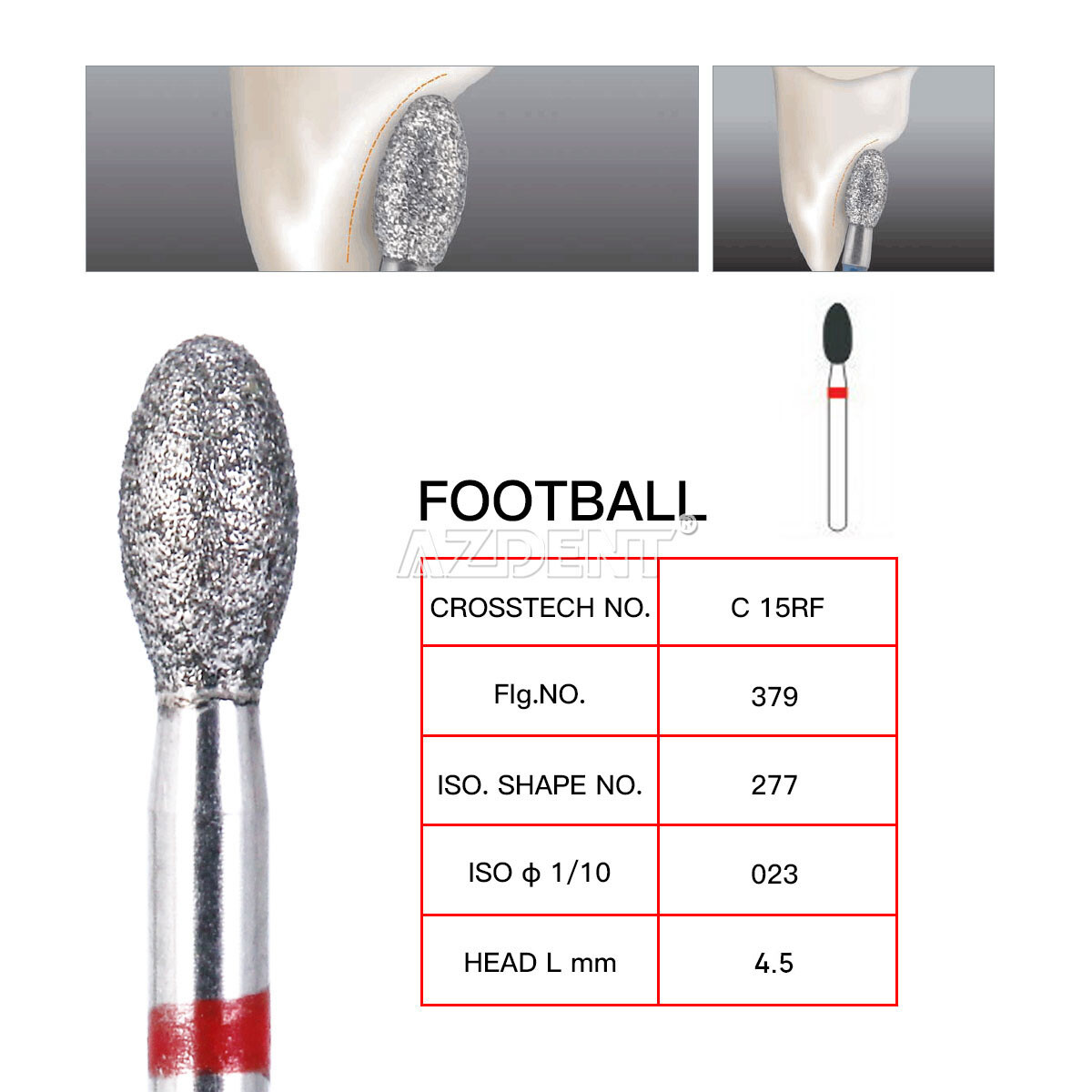 10pcs AZDENT Dental FG Diamond Burs Egg Football #379-023F Fine Grit Red