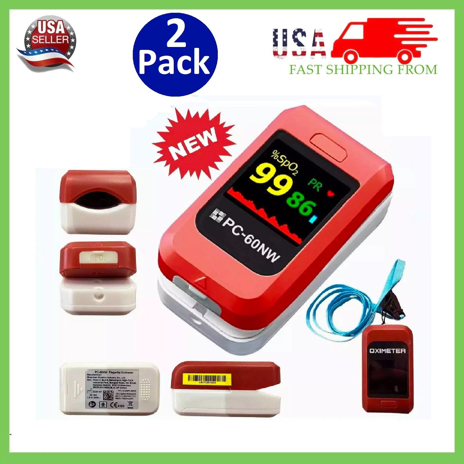 2 x Pack Fingertip Pulse Oximeter Blood Oxygen Meter SpO2 PR Heart Rate Monitor
