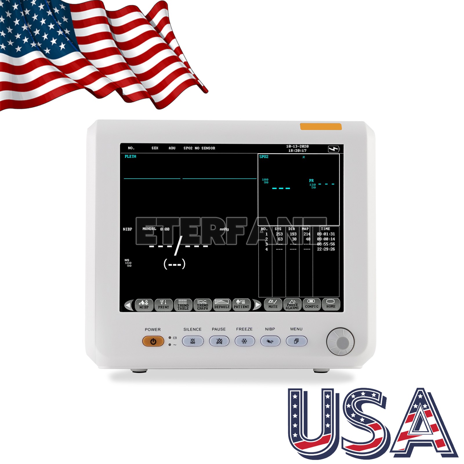 ETERFANT 8″ Patient Monitor ICU CCU Vital Sign For Hospital NIBP, SPO2, PR,TEMP