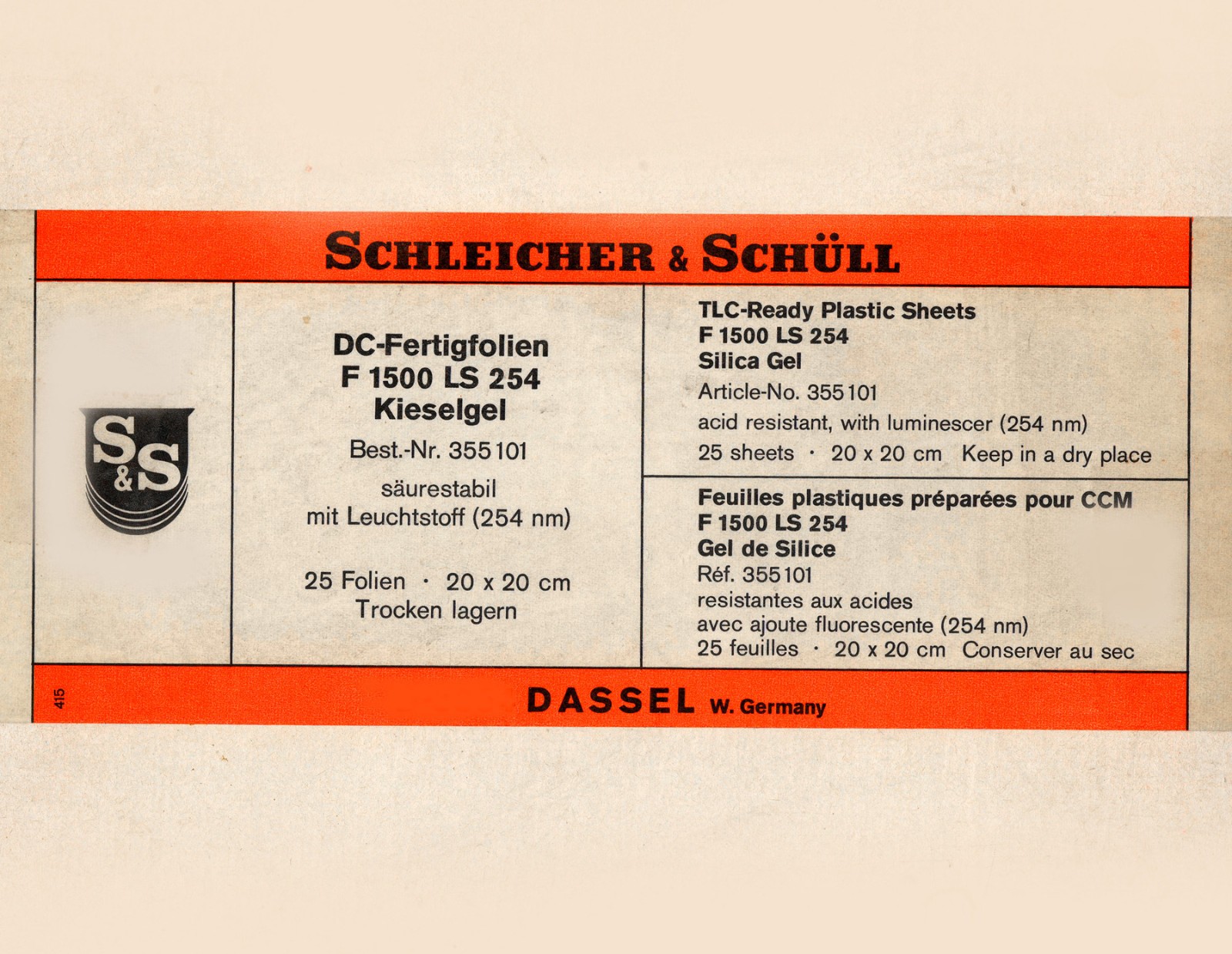 25 pieces Schleicher & Schull 20 cm x 20 cm DC finished films F 1500 LS254 silica gel