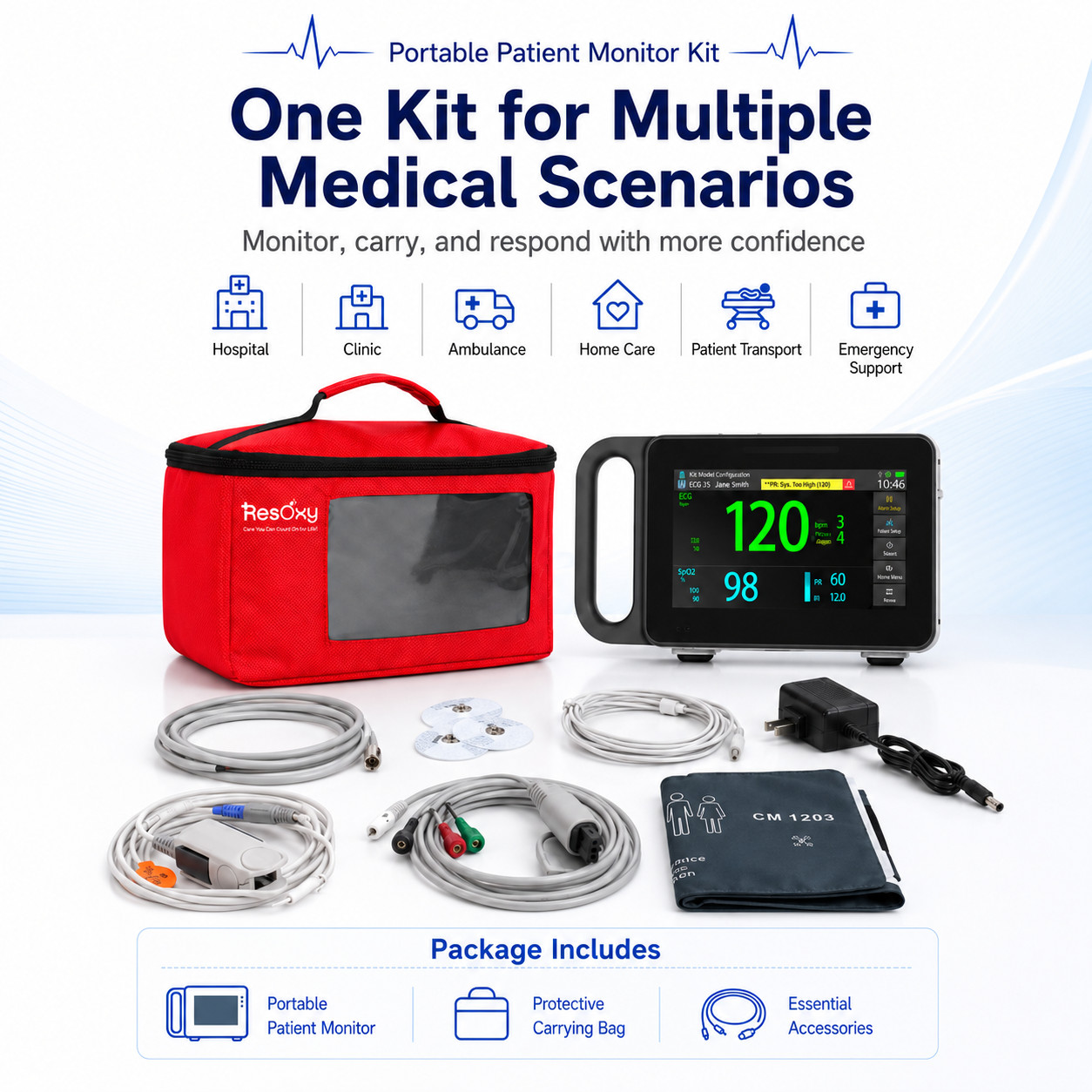 7‘’Vital Signs Monitor Patient Monitor ECG/NIBP/TEMP/RESP/SPO2/PR with Bag