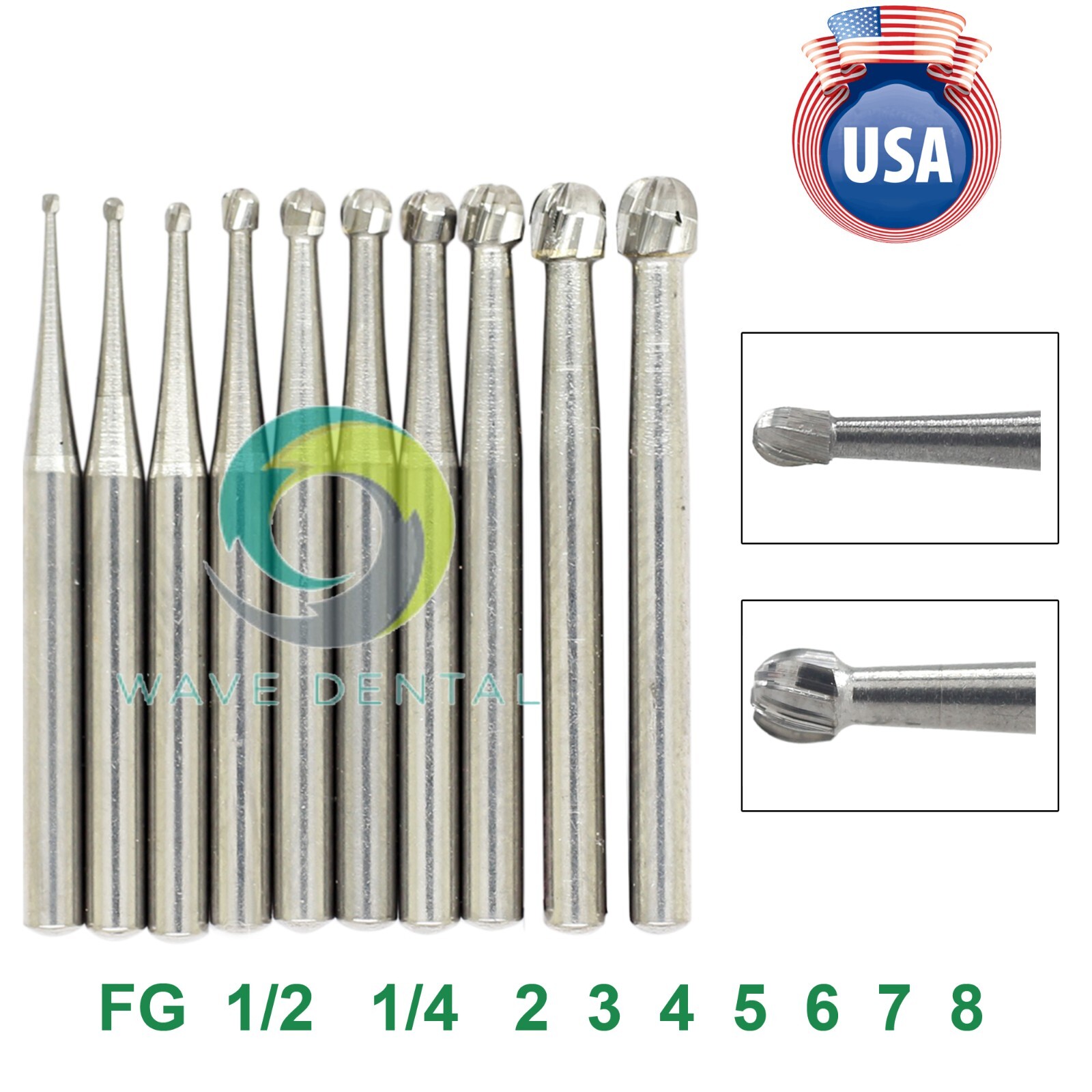 US Wave Dental Operative Bur Tungsten Carbide FG Round FG 1/4 1/2 2 3 4 5 6 7 8#