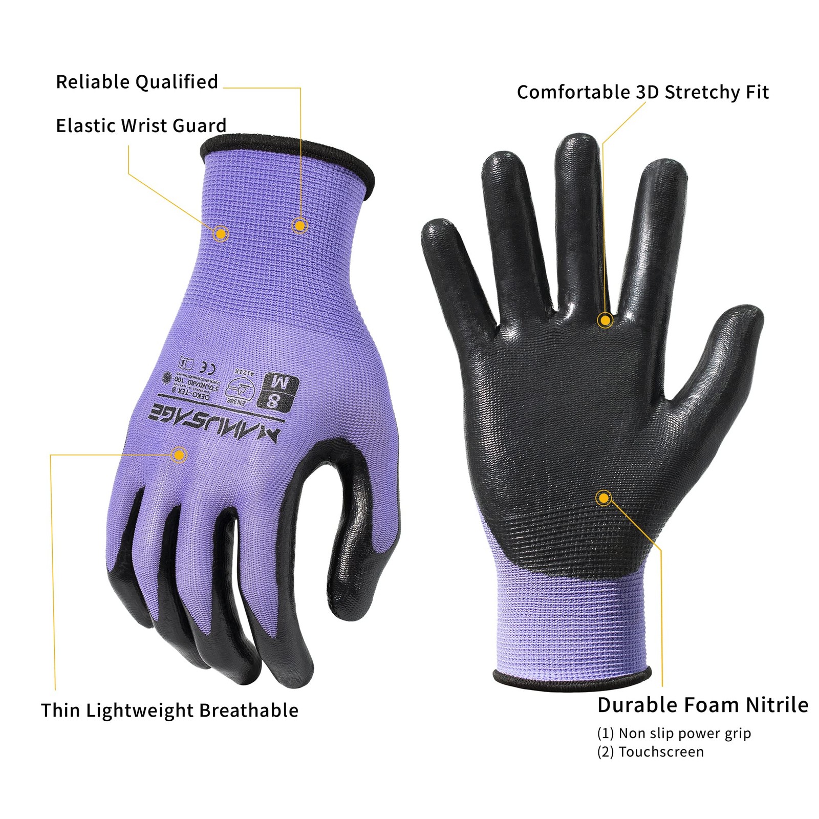 Manusage Safety Work Gloves For Men And Women Touchscreen Fingers Nitrile Grip