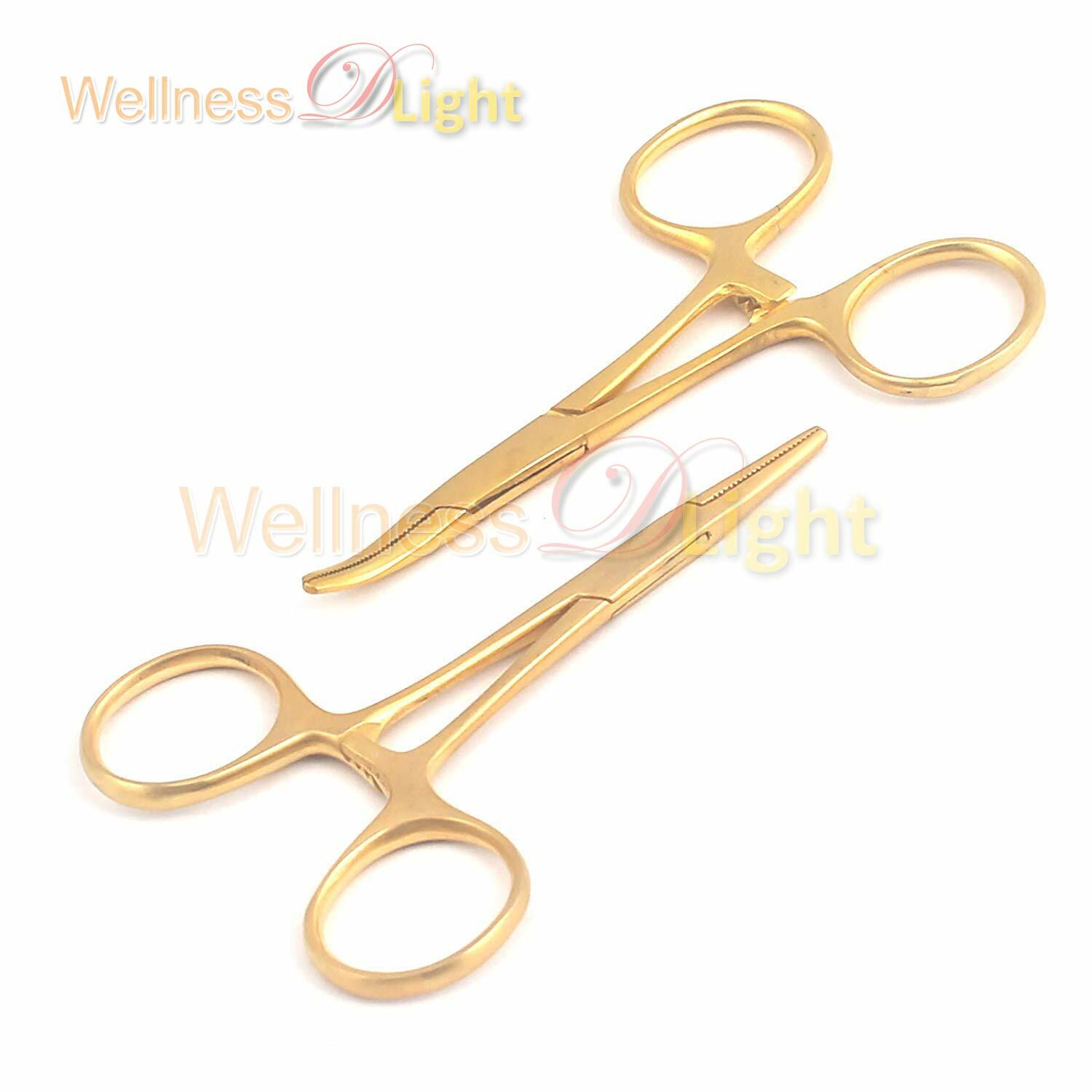 2 Pcs 3-1/2 Inch Straight & Curved Tip Gold Colored Hemostat Locking Plier