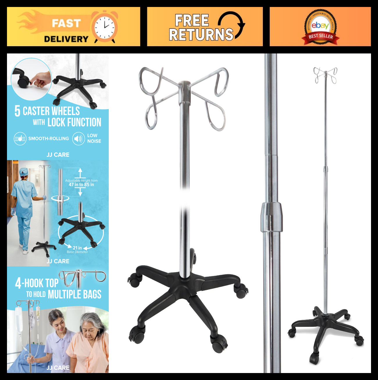 Adjustable IV Pole with Wheels – 4 Hooks, Locking Casters, Heavy Duty Base, Infu