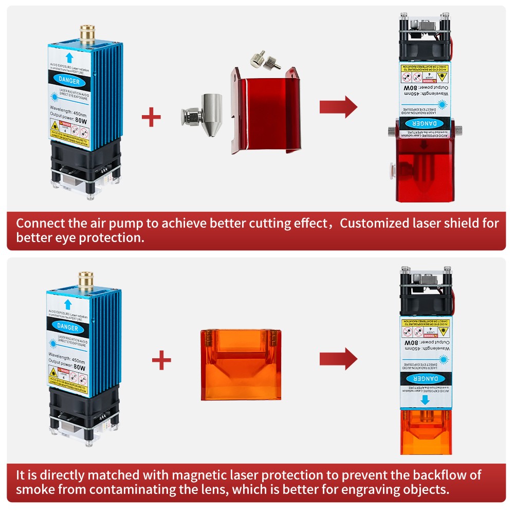 80W 24V Laser Head With Air Assist Blue Laser Module CNC Laser Cutting Machine