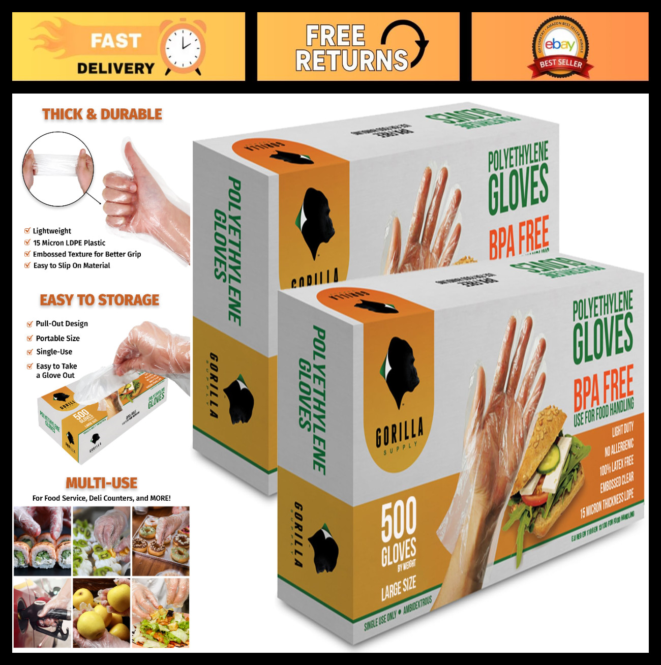 Premium Disposable Gloves 1000 Count – BPA Free, Latex & Powder Free, Food Prep,