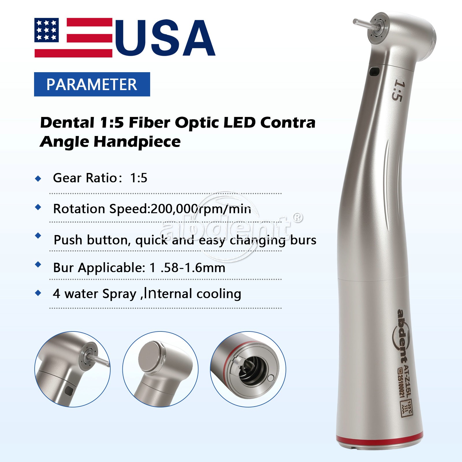 1:5 Increasing Fiber Optic Contra Angle Handpiece Push Button Abdent Dental NEW