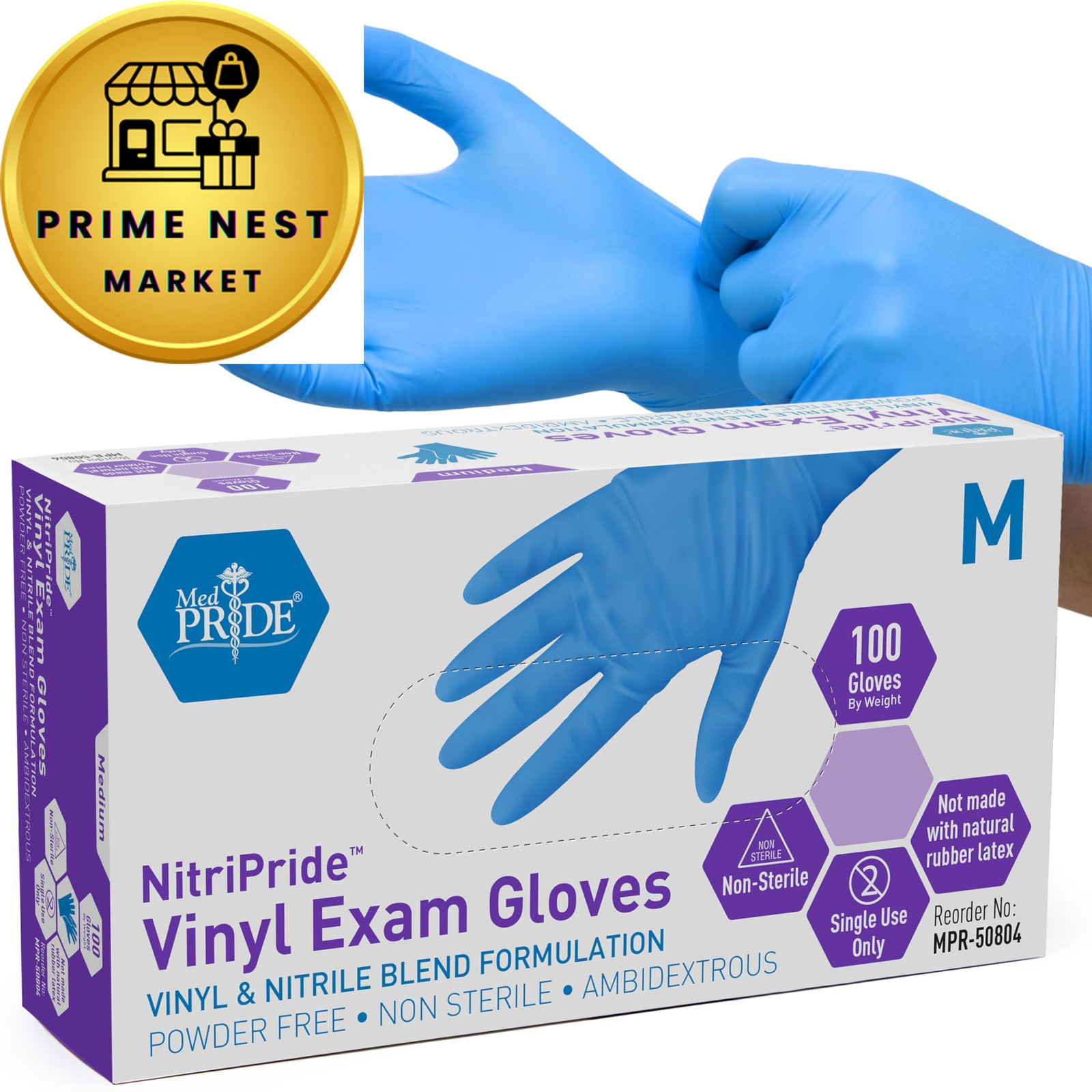 MED PRIDE Nitrile/Vinyl Blend Exam Gloves, Powder-Free, Medium, Blue