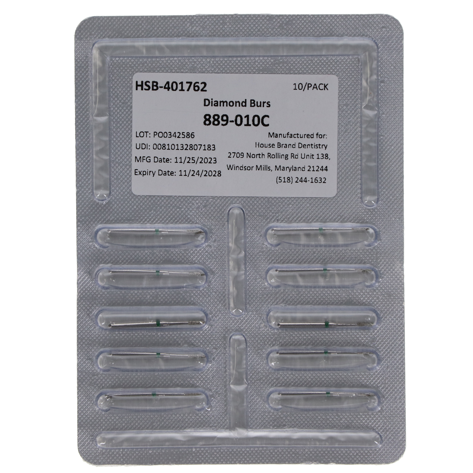 House Brand Dentistry 401762 FG 889-010C Flame Coarse Grit Diamond Burs 10/Pk