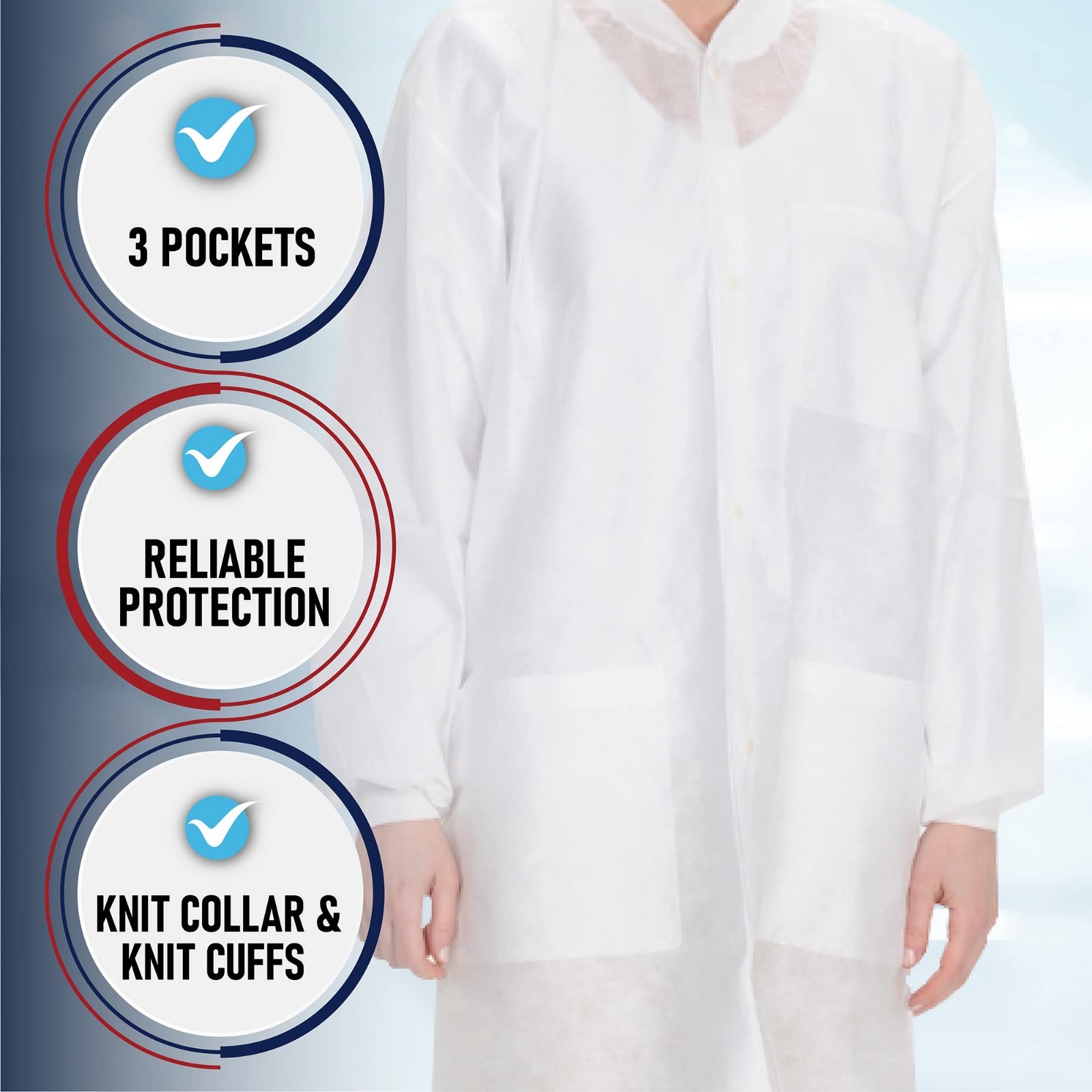 50 Pack Disposable Lab Coats – White Knee Length with 3 Pockets, XL for Hospital