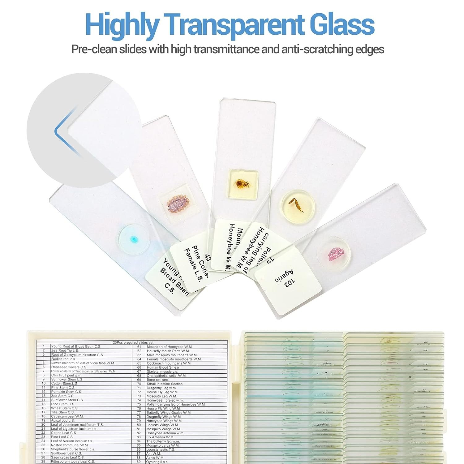 120 Microscope Slides with Specimens for Kids and Adults, Prepared Slides for Mi
