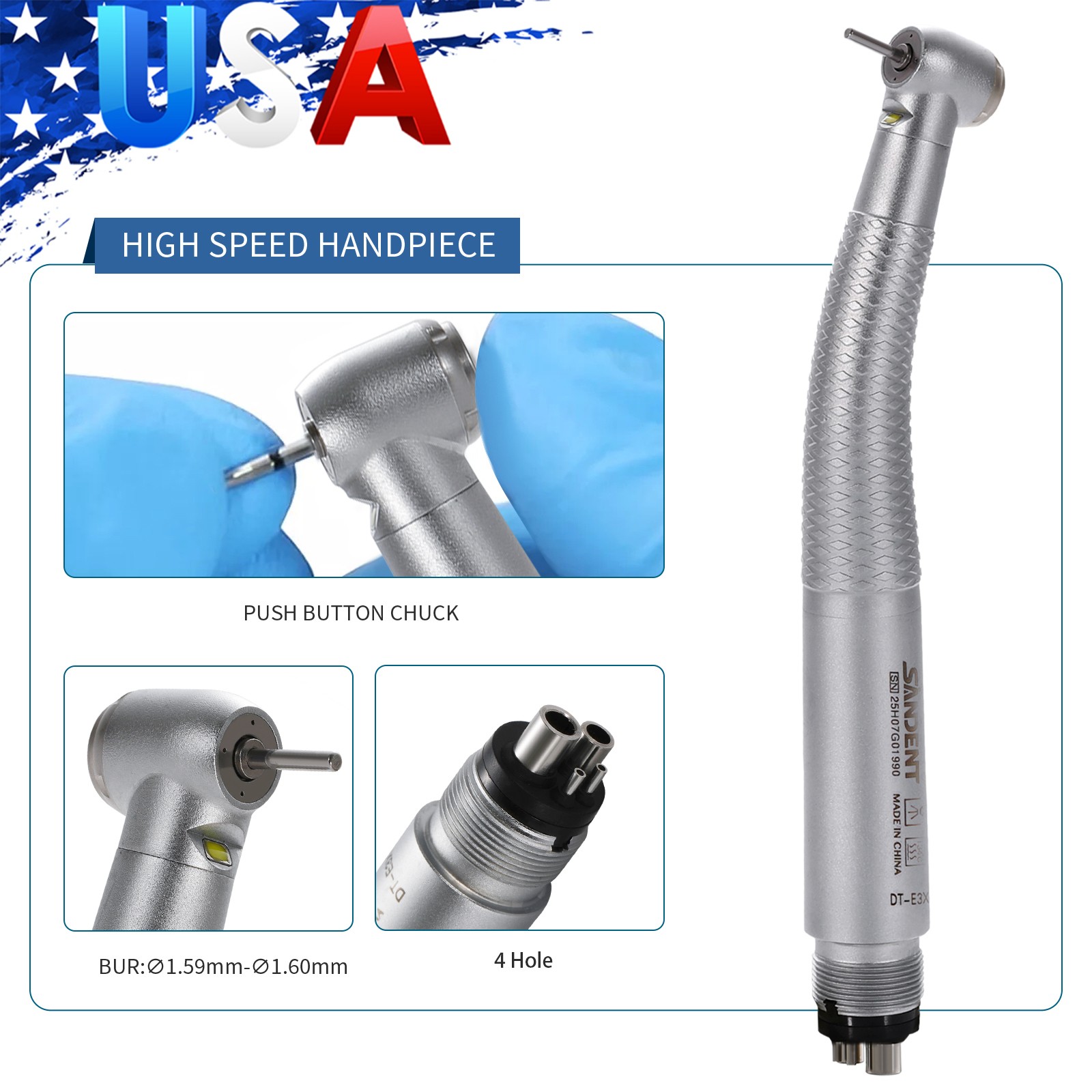 Dental LED E-generator High Speed Handpiece 4Holes 4-Port Spray SANDENT FG1.60mm